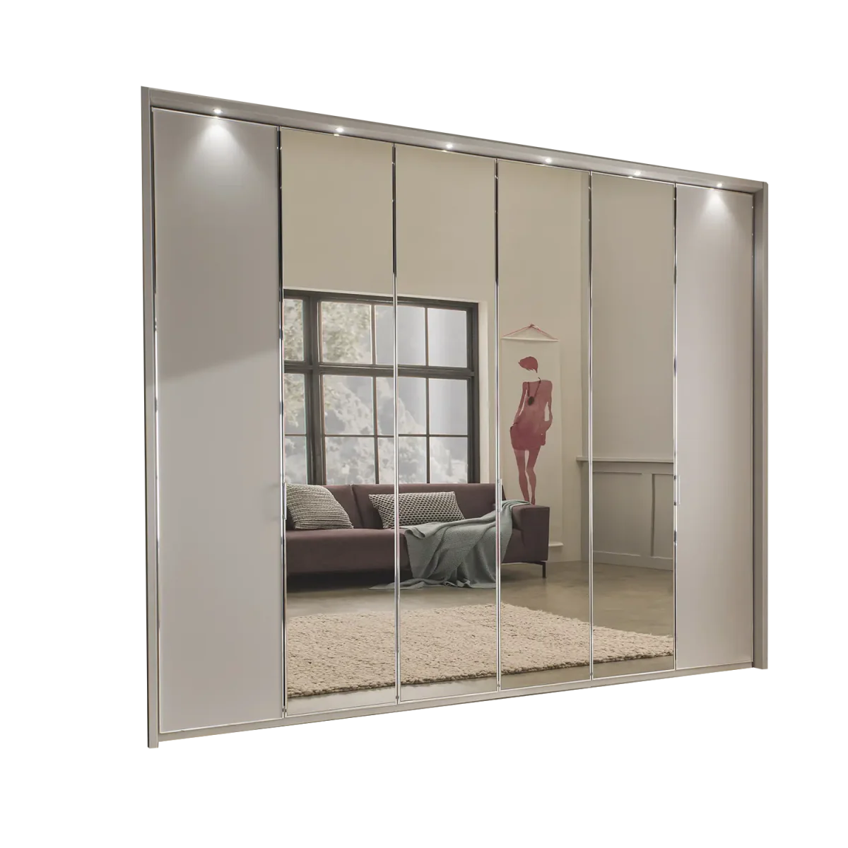 Apollo Pebble Grey and Mirror Large 6 Door Wardrobe - 300cm