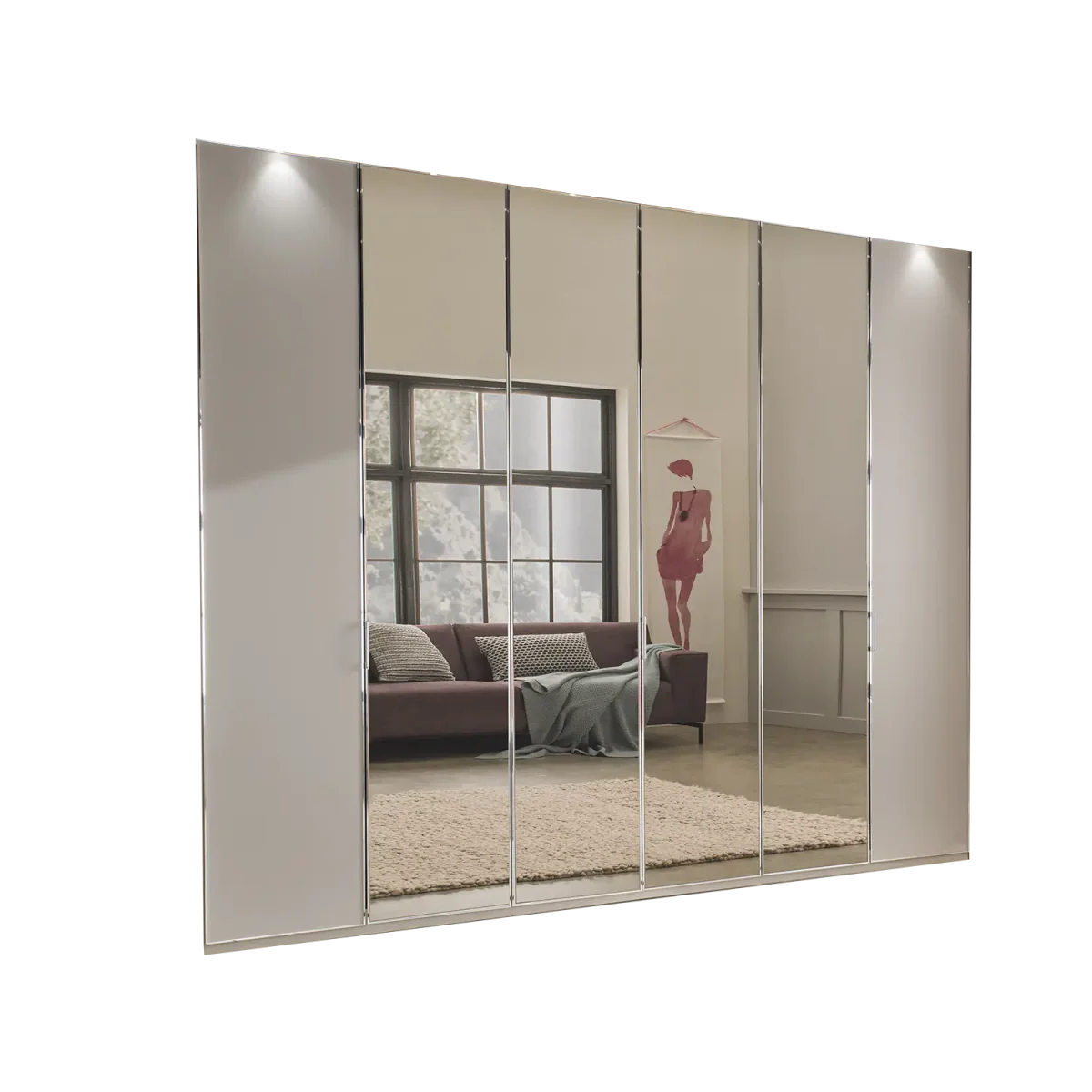 Apollo Pebble Grey and Mirror Large 6 Door Wardrobe - 300cm 