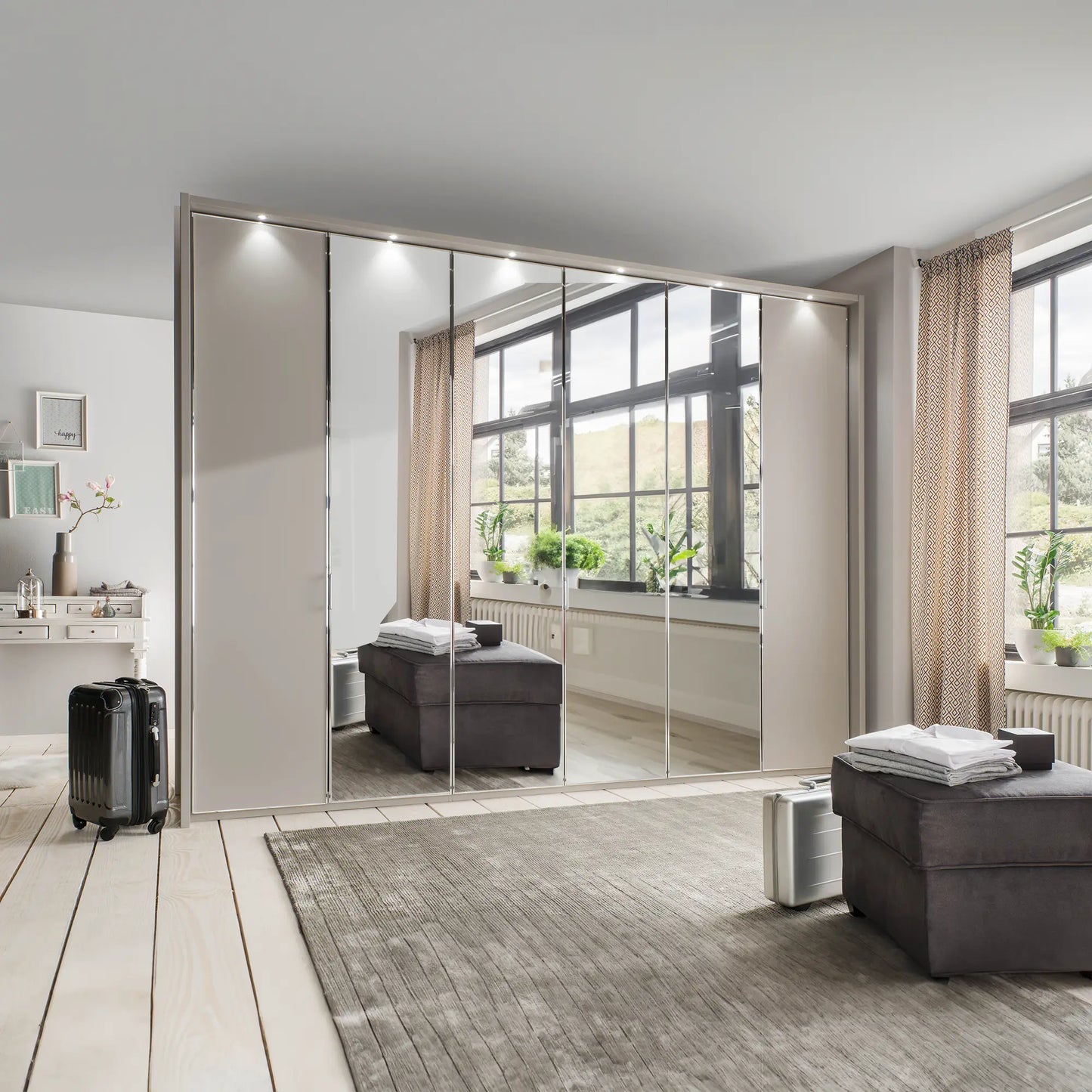 Apollo Pebble Grey and Mirror Large 6 Door Wardrobe - 300cm 