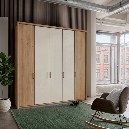 Apollo Bianco Oak and Champagne 5 Door Wardrobe styled in a modern room