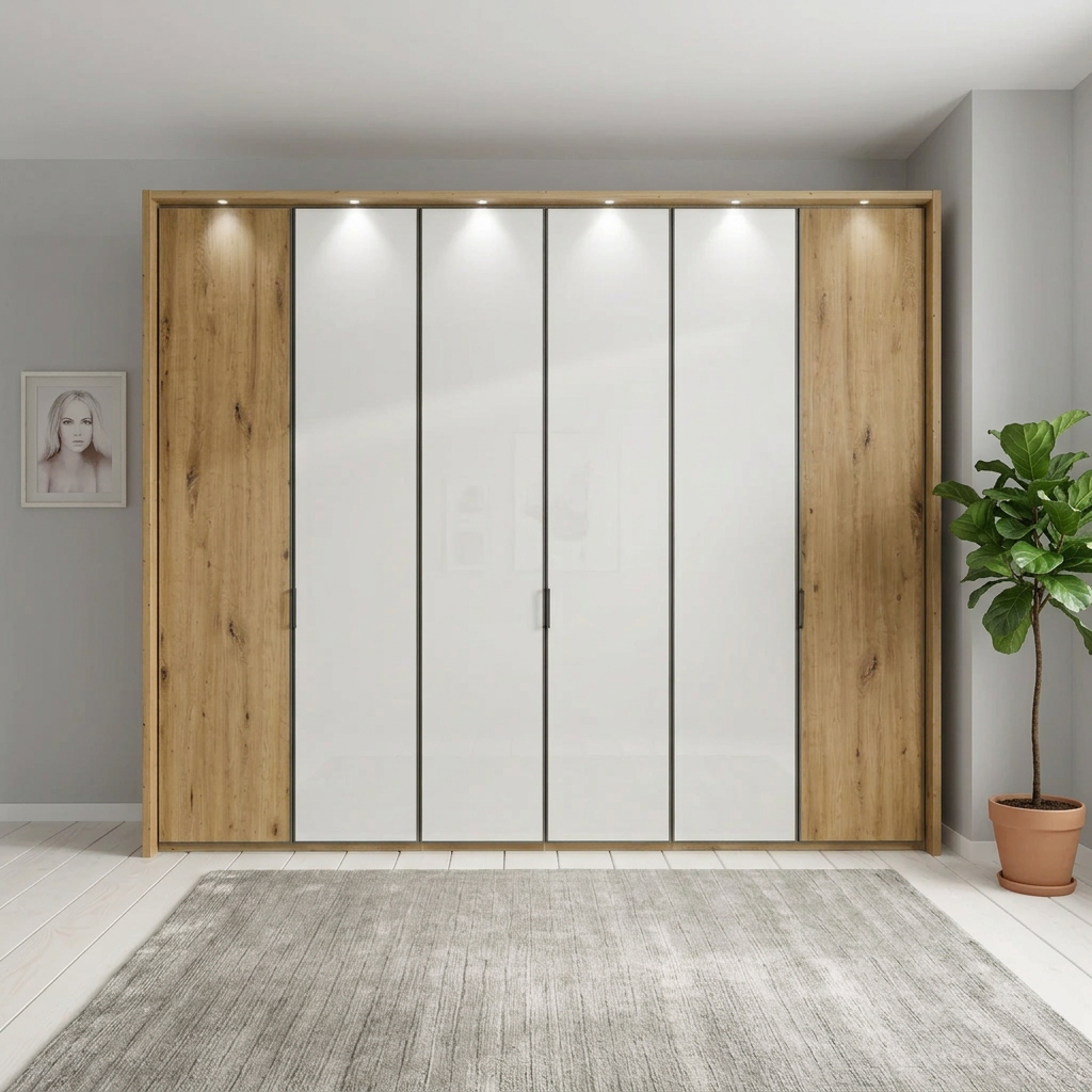 Apollo Bianco Oak and White Large 6 Door Wardrobe styled in a room with front view