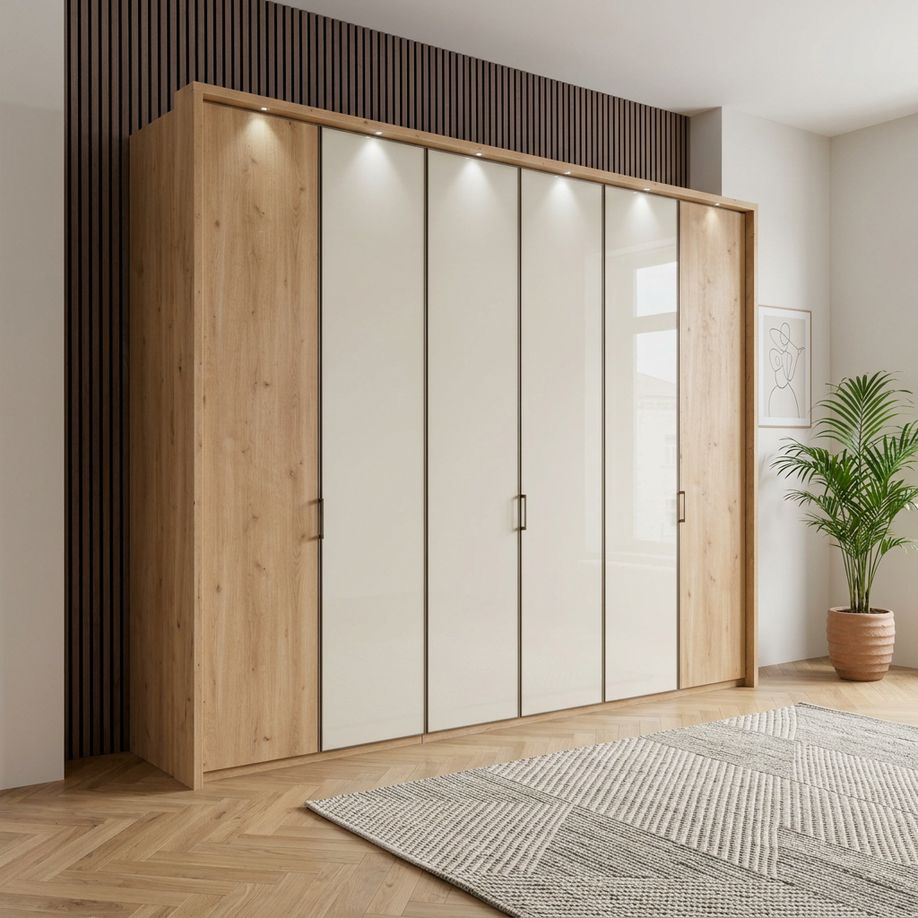 Apollo Champagne and Mirror Large 6 Door Wardrobe styled in a room