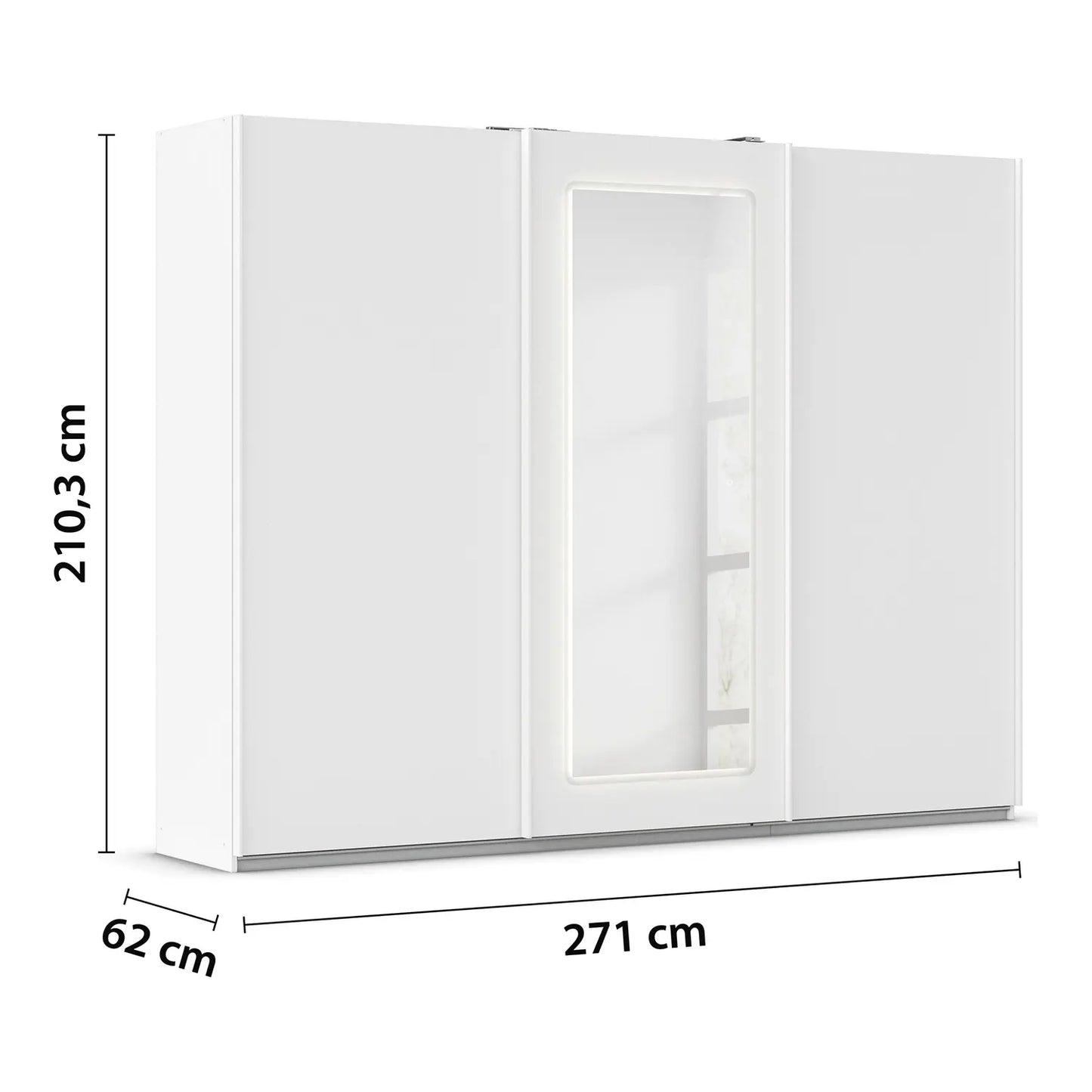 Rauch White 3 Door Sliding wardrobe with dimensions labeled on a white background