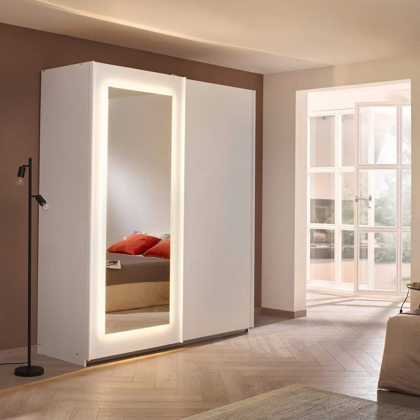 White Sliding Door Wardrobe with Mirror and Light 181cm 