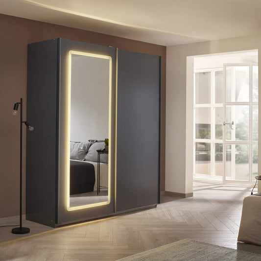 Arezzo Graphite 2 Door Sliding Wardrobe With Integrated LED Lighting - Styled in a Bedroom