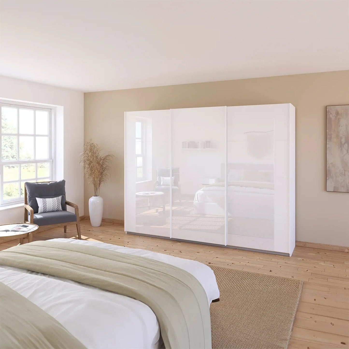 Rauch Artemis White and Champagne Glass Front 3 Door Sliding Wardrobe  - Styled in a room