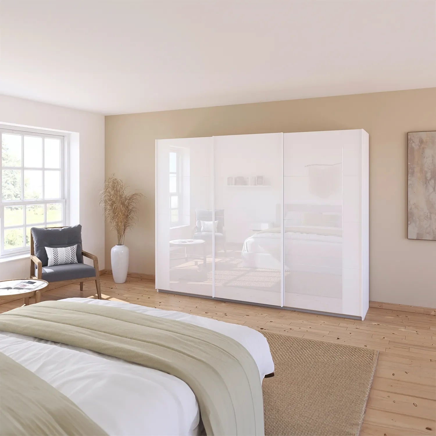 Rauch Artemis White and Champagne Glass Front 3 Door Sliding Wardrobe  - Styled in a room