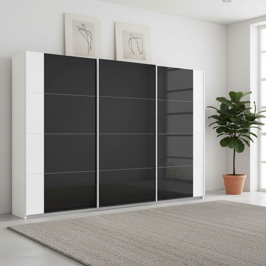 Rauch Artemis White and Basalt Glass Front Large 3 Door Sliding Wardrobe 