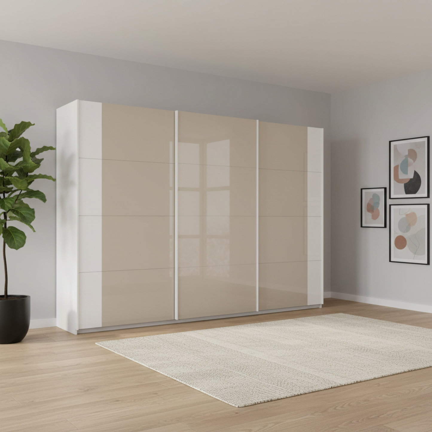 Modern Rauch Artemis Large wardrobe with Champagne Glass sliding doors in a room with a rug and plant