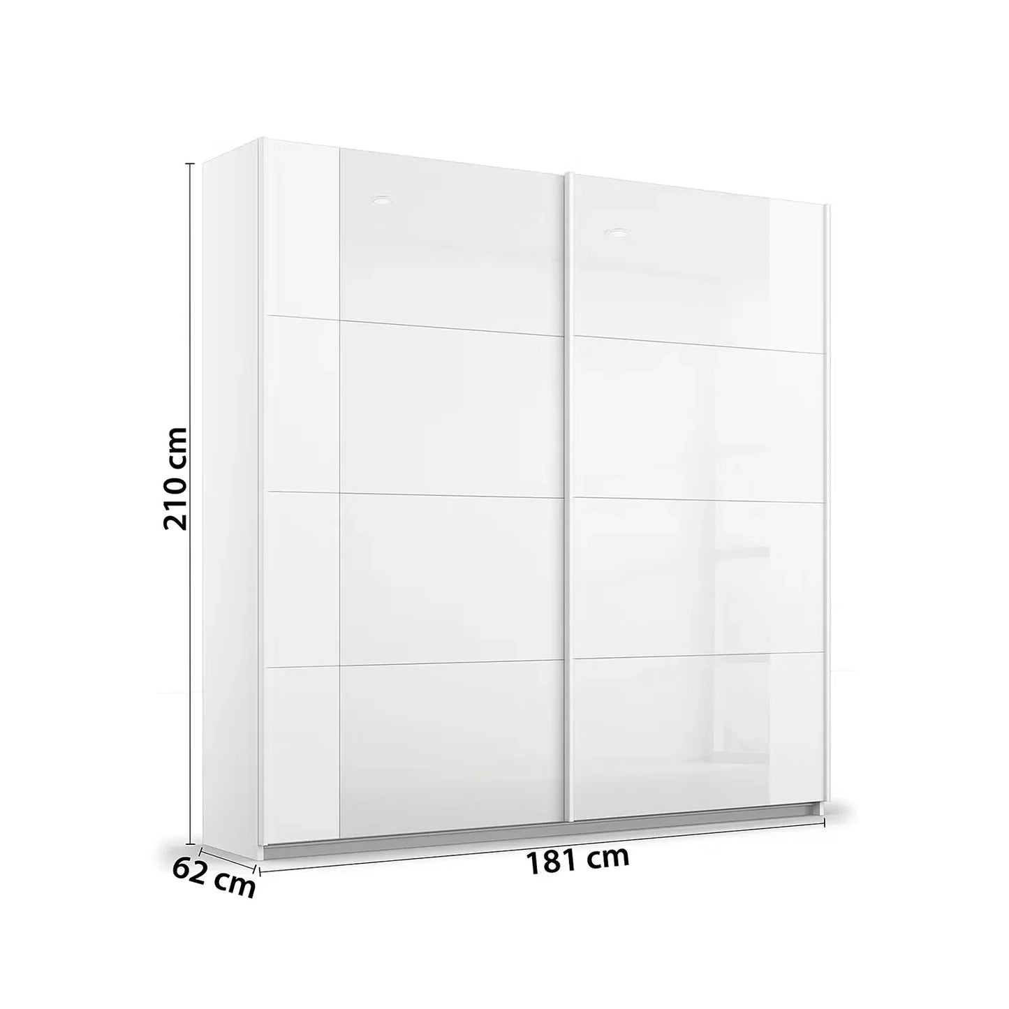 Rauch Artemis White wardrobe with sliding doors and dimensions on a white background