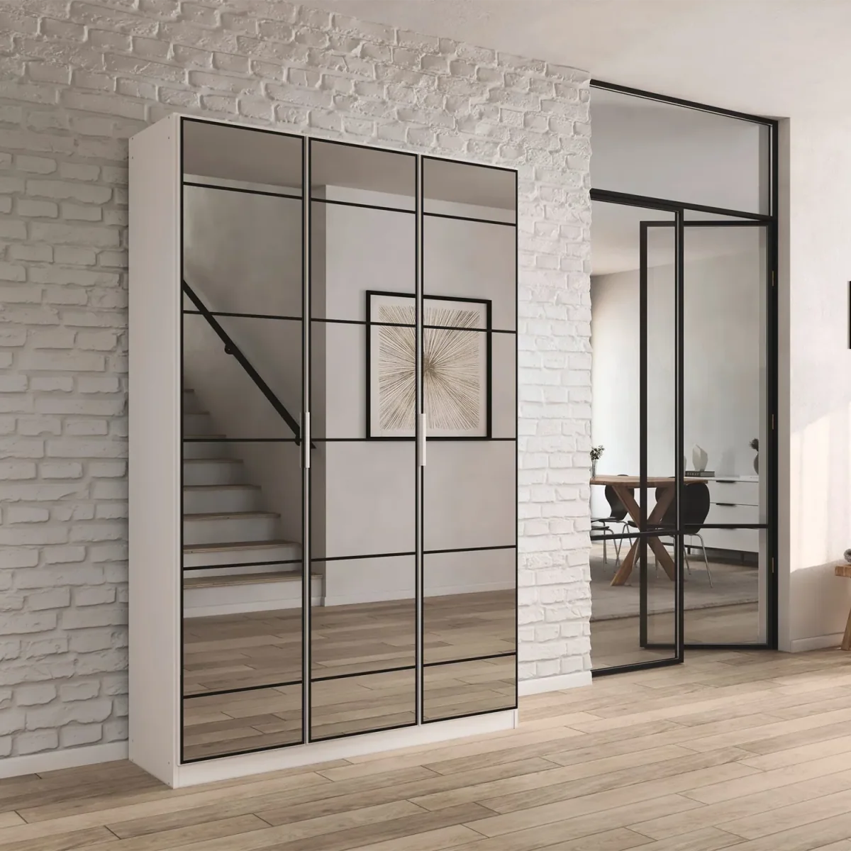 Ashworth Alpine White 3 Door Mirrored Hall Cupboard W136cm - Styled in a Bedroom