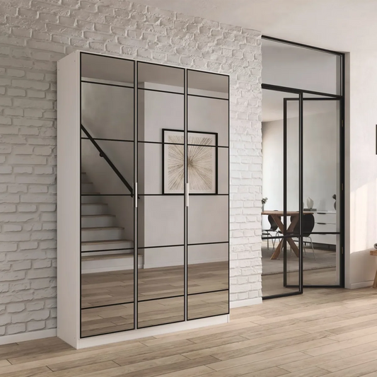 Ashworth Alpine White 3 Door Mirrored Hall Cupboard W136cm - Styled in a Bedroom