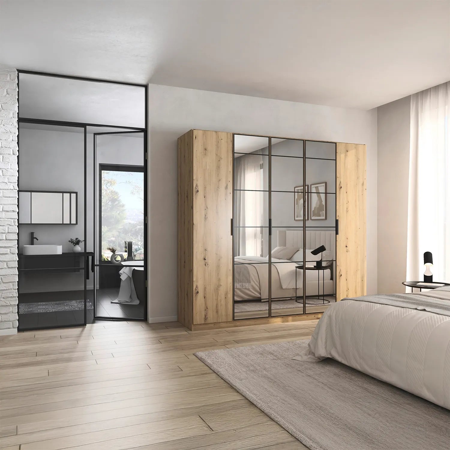 Ashworth Artisan Oak 226cm 5 Door Hinged Wardrobe - Styled in a Bedroom