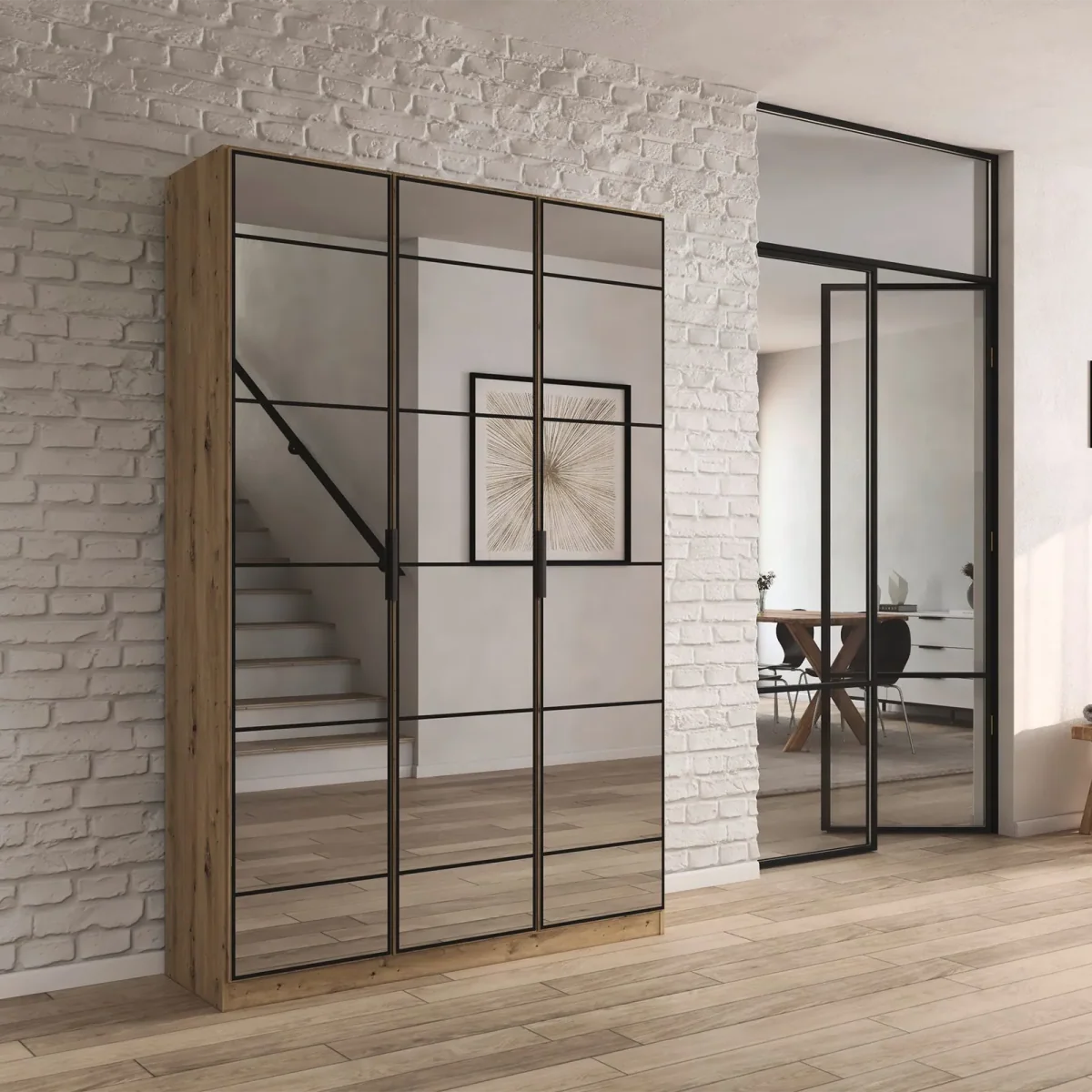 Ashworth Artisan Oak 3 Door Mirrored Hall Cupboard W136cm - Styled in a Living Room