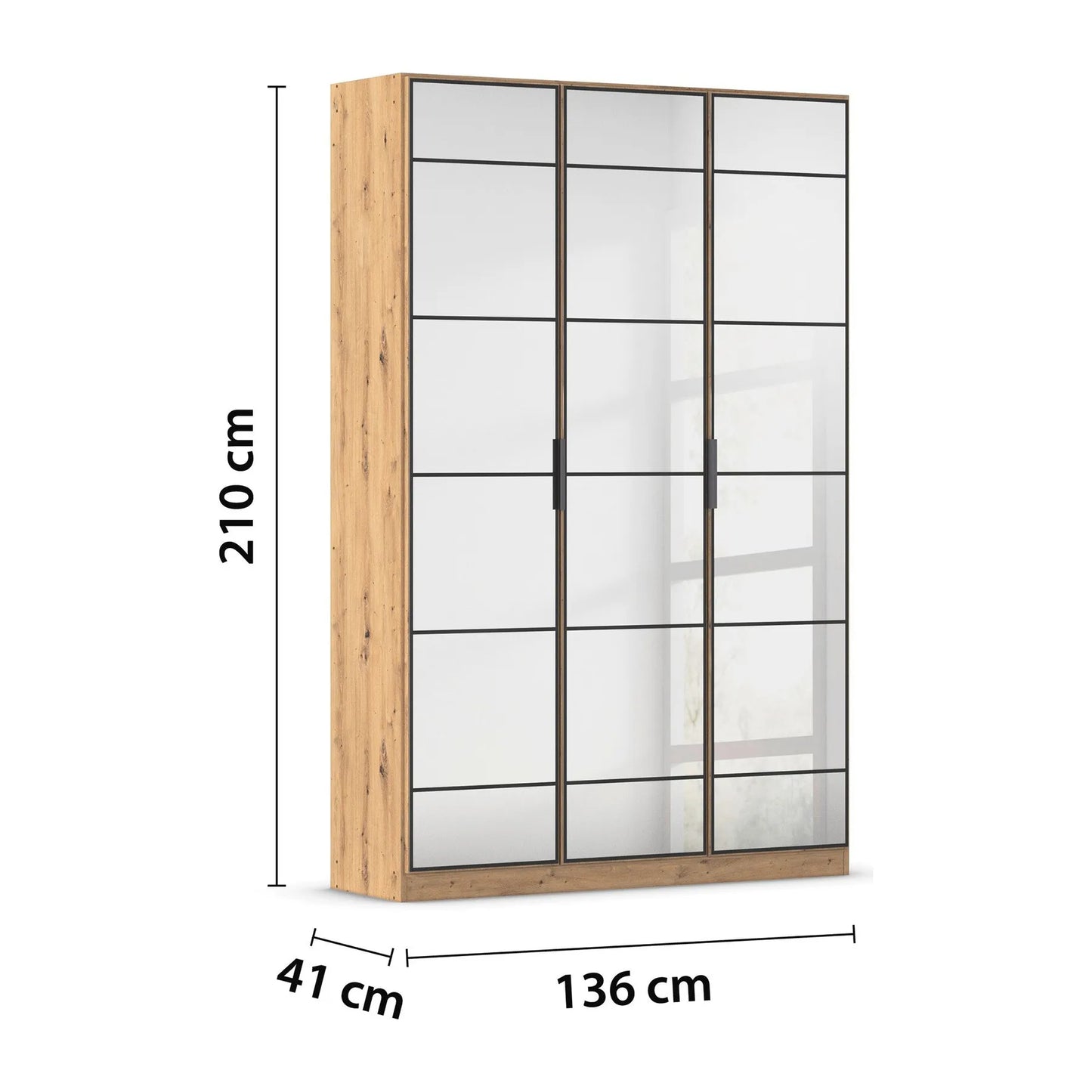 Ashworth Artisan Oak 3 Door Mirrored Hall Cupboard W136cm - Dimensions