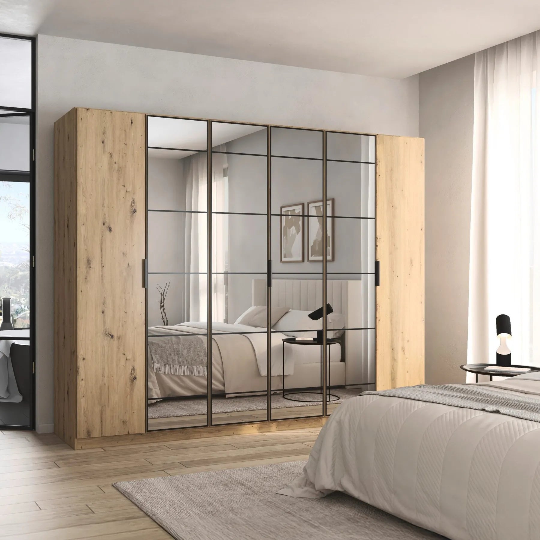 Ashworth Artisan Oak 6 Door Hinged Wardrobe - W271cm - Styled in a Bedroom