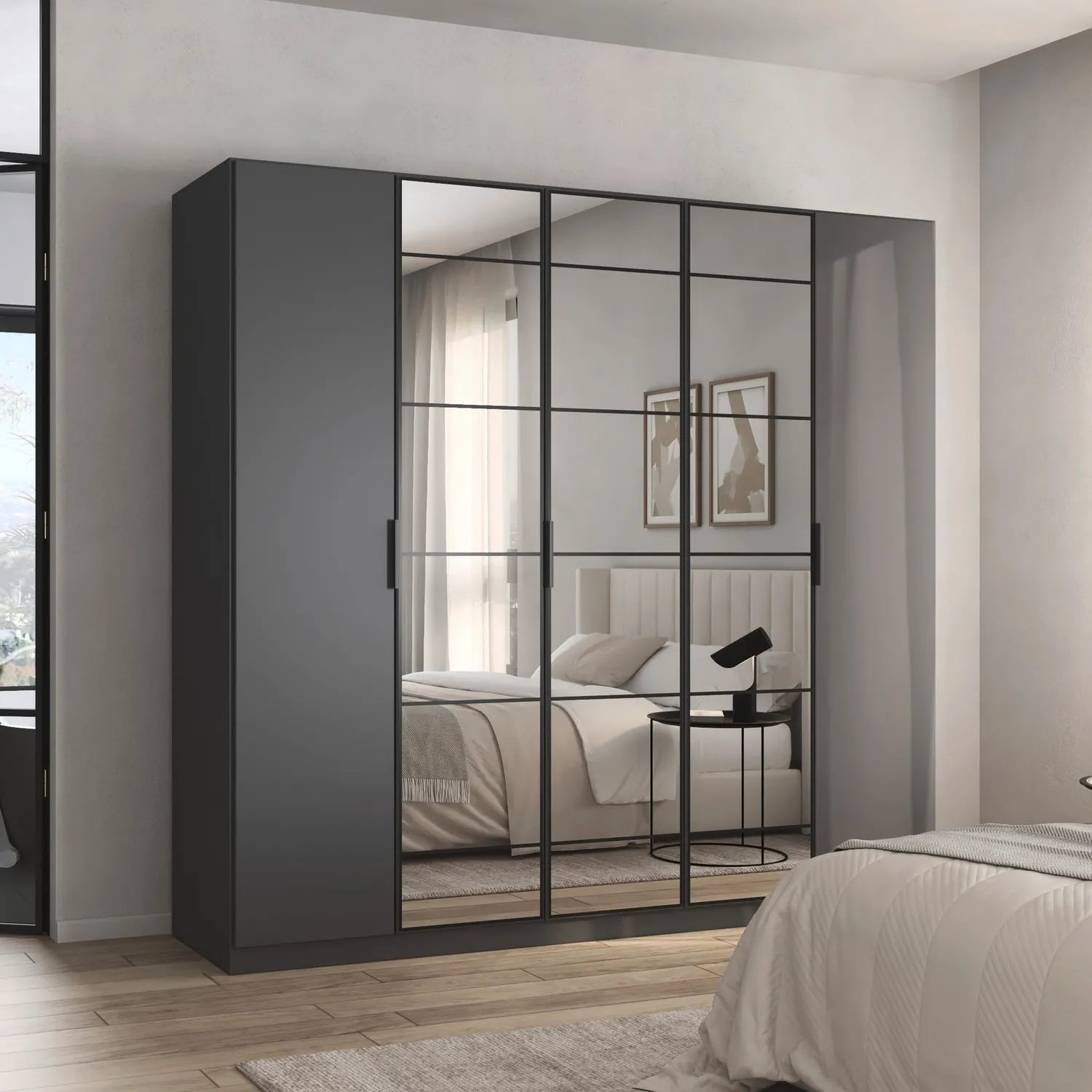 Ashworth Metallic Grey 226cm 5 Door Hinged Wardrobe  - Styled in a Bedroom