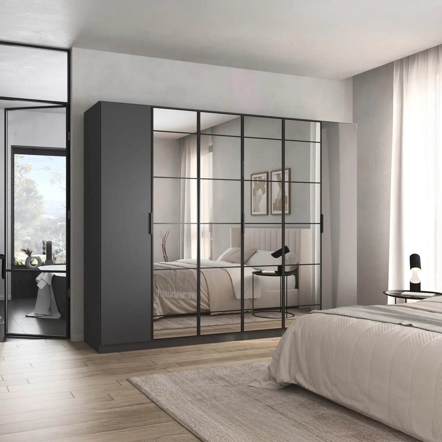 Ashworth Metallic Grey 6 Door Hinged Wardrobe - W271cm - Styled in a Bedroom
