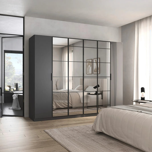 Ashworth Metallic Grey 6 Door Hinged Wardrobe - W271cm - Styled in a Bedroom
