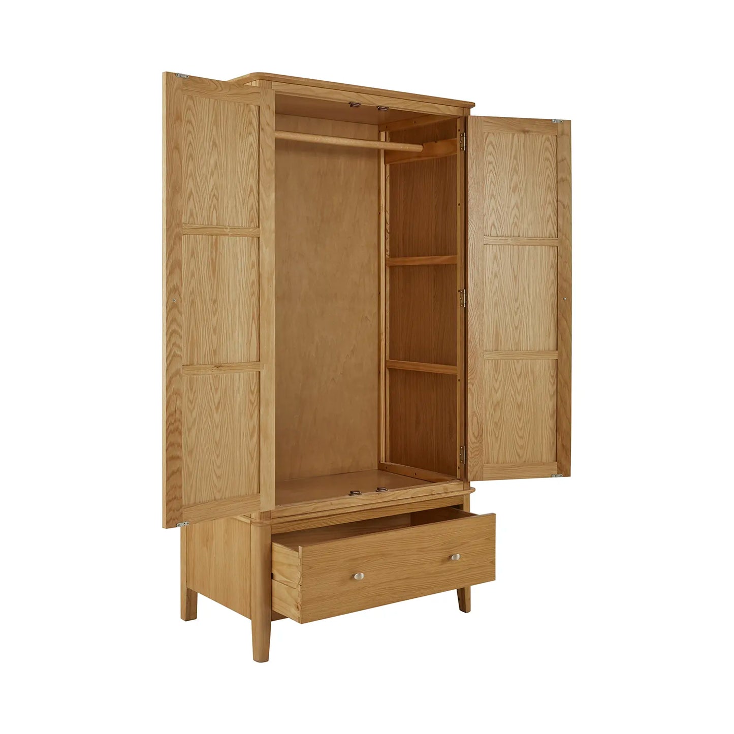 Wooden wardrobe with open doors on a white background