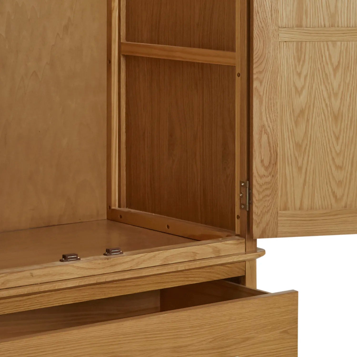 Close up of Atlantic Natural Lacquer 2 Door Wardrobe with Drawer