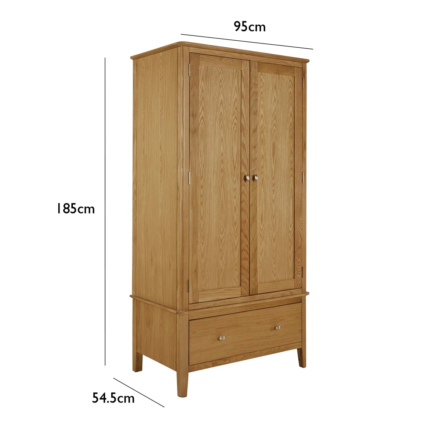 Wooden wardrobe with dimensions on a white background