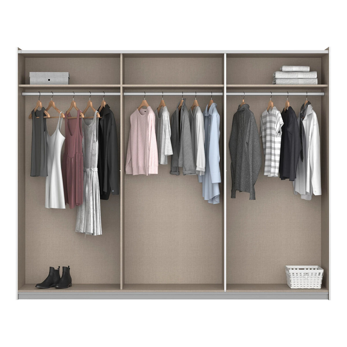 A 3-compartment open wardrobe or closet organizer with beige fabric panels, light wood framing, hanging rods with assorted clothing, a shelf with folded items, and a basket on the bottom right, shown on a white background.