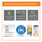 Collection of certification logos including sustainability, made in Germany, warranty, and eco-labels on a white background.