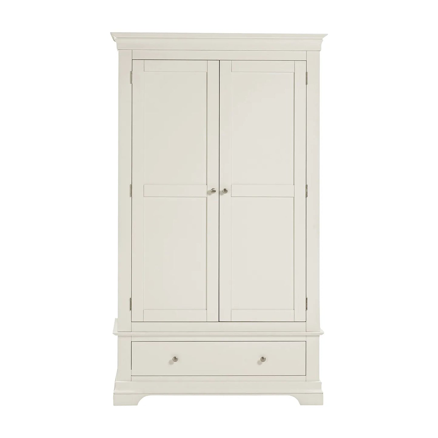 Ivory wardrobe with two doors and a drawer on a white background
