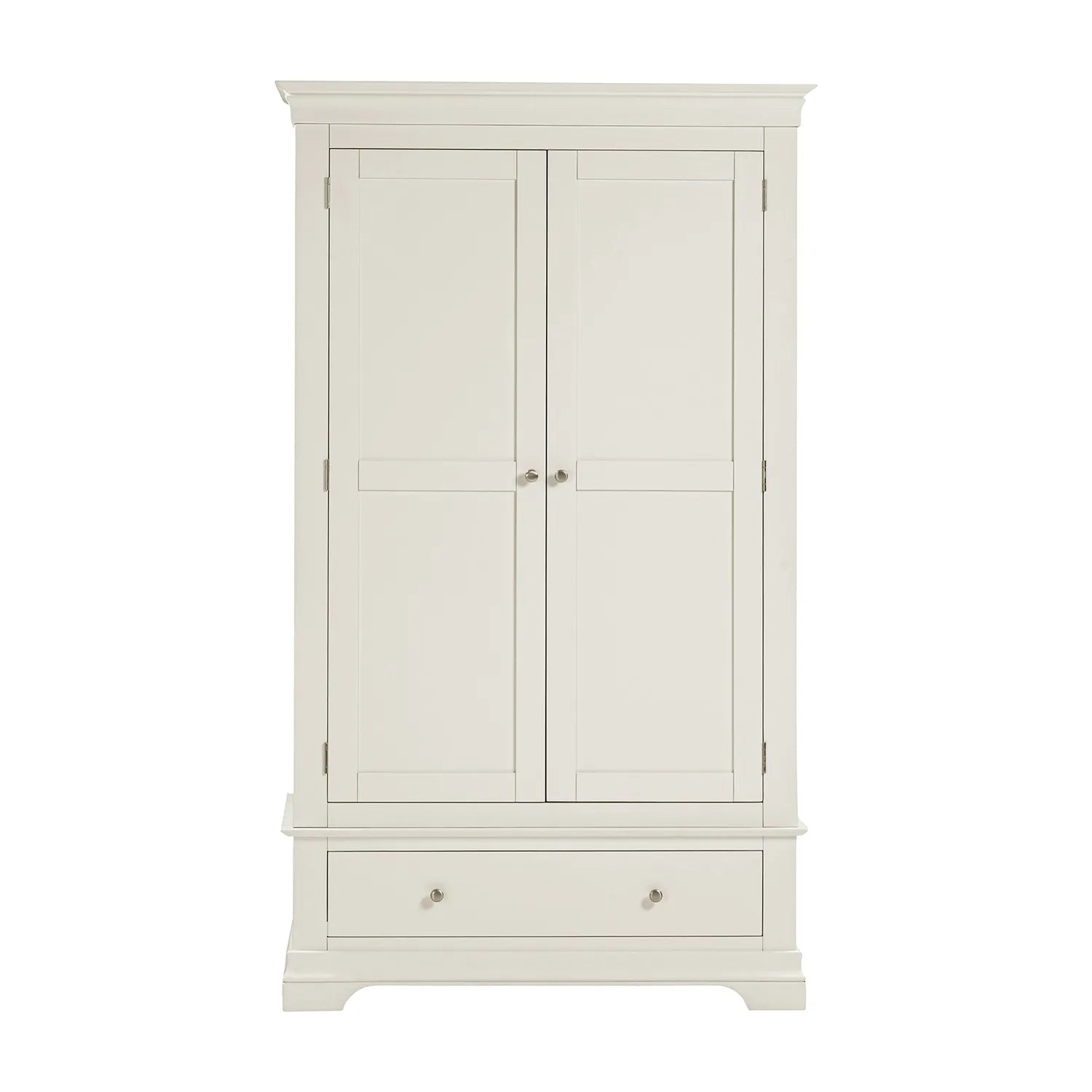 Ivory wardrobe with two doors and a drawer on a white background