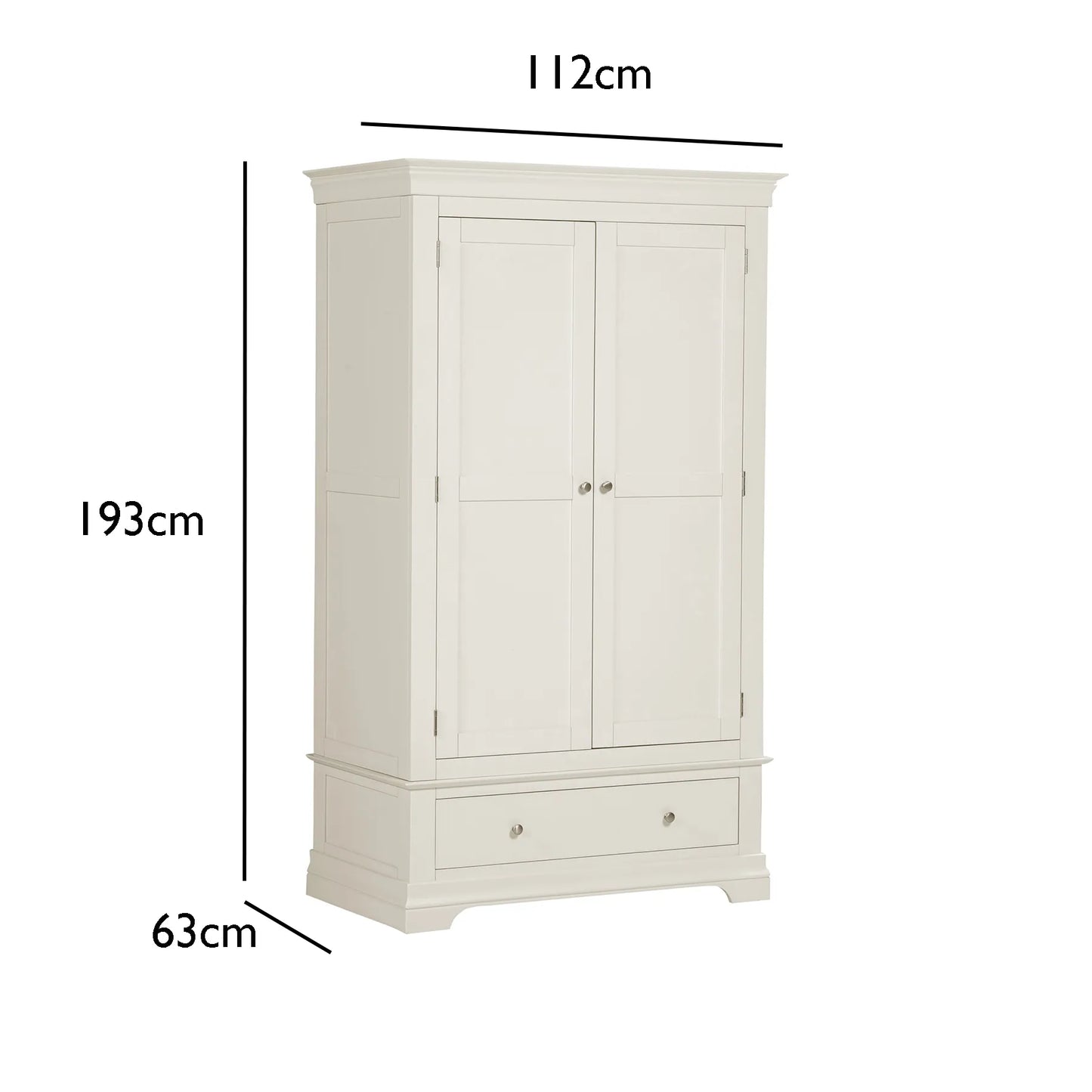 Bordeaux Ivory Double Gents Wardrobe with Drawer with Dimensions on White Background