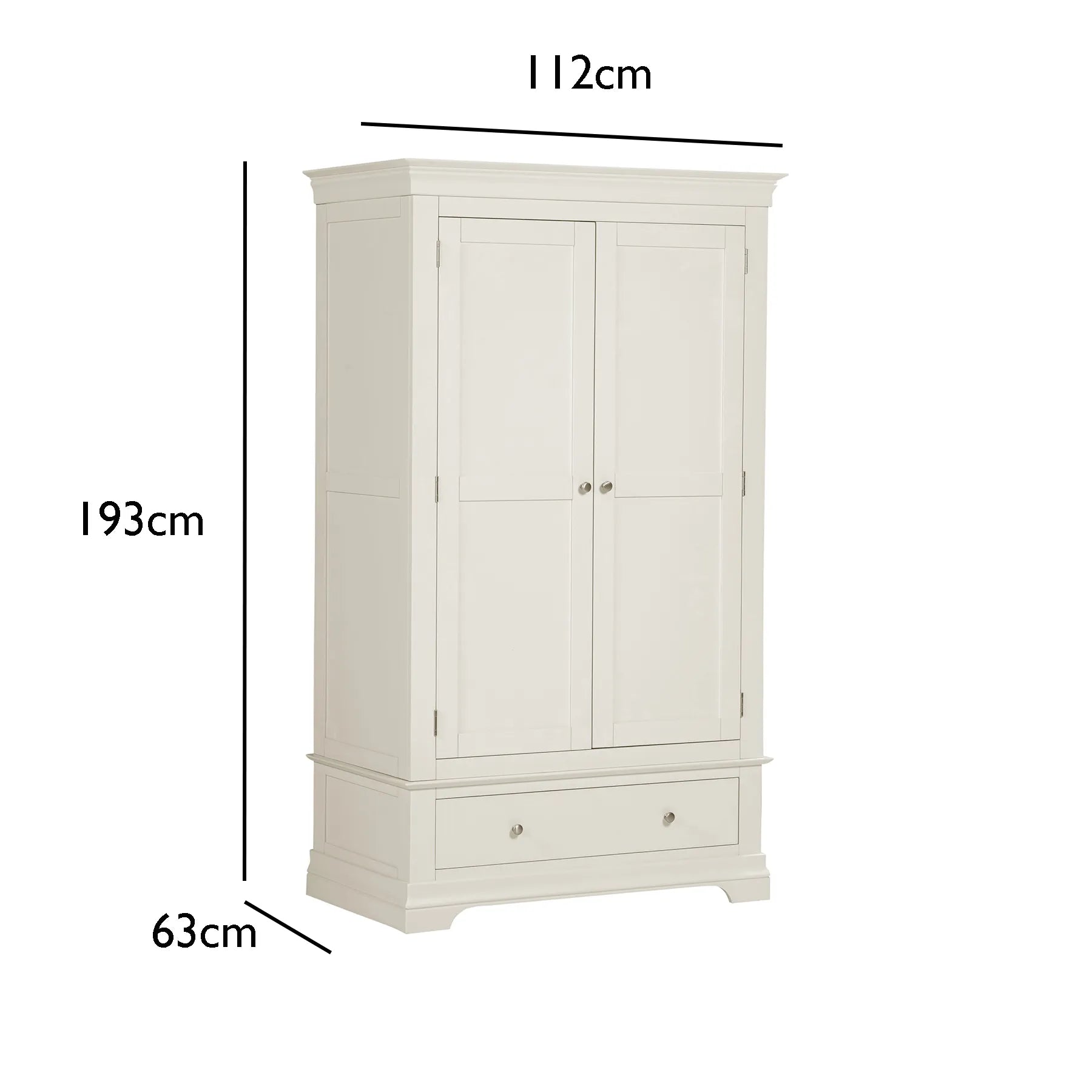 Bordeaux Ivory Double Gents Wardrobe with Drawer with Dimensions on White Background