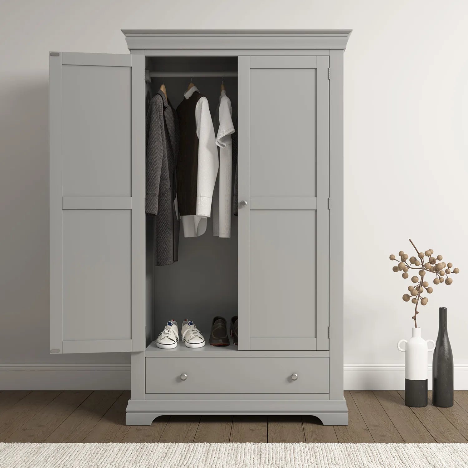 Bordeaux Pebble Grey Double Gents Wardrobe with Drawer - Home Of Wardrobes