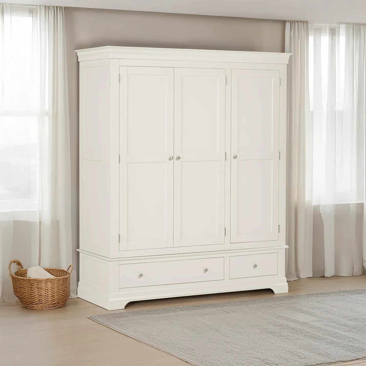 Solid wood Bordeaux Ivory Triple Wardrobe with 2 Drawers | Elegant Painted Bedroom Furniture