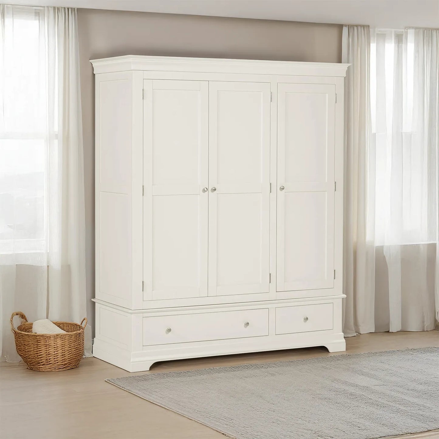 Solid wood Bordeaux Ivory Triple Wardrobe with 2 Drawers | Elegant Painted Bedroom Furniture