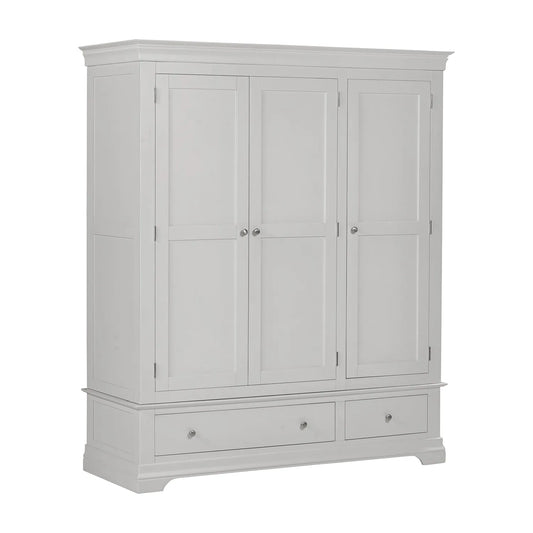 Bordeaux Pebble Grey Triple Wardrobe with 2 Drawers – classic painted finish, dovetail drawers & elegant design. Matching bedroom furniture available. Free UK delivery.
