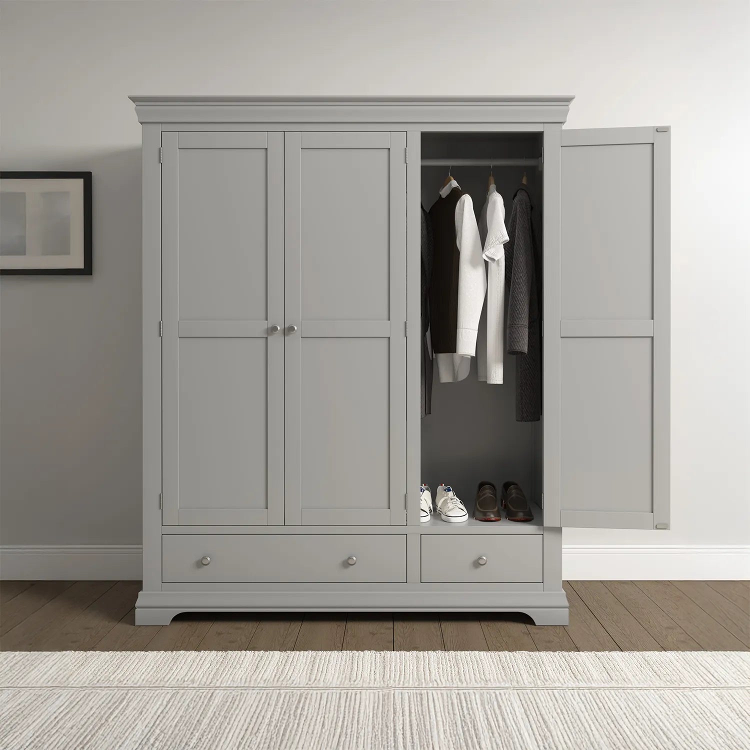 Bordeaux Pebble Grey Triple Wardrobe with 2 Drawers for Bedroom