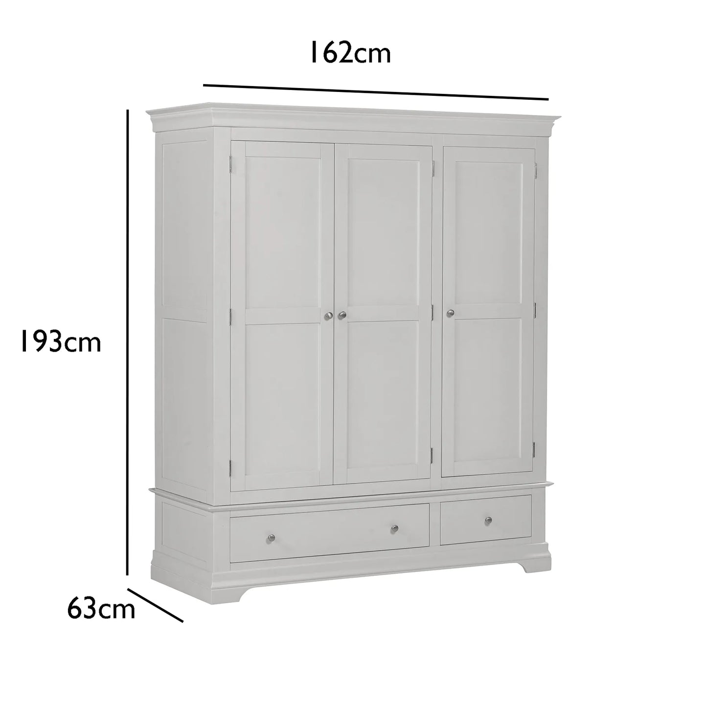 Bordeaux Pebble Grey Triple Wardrobe with 2 Drawers  with dimensions labeled on a white background
