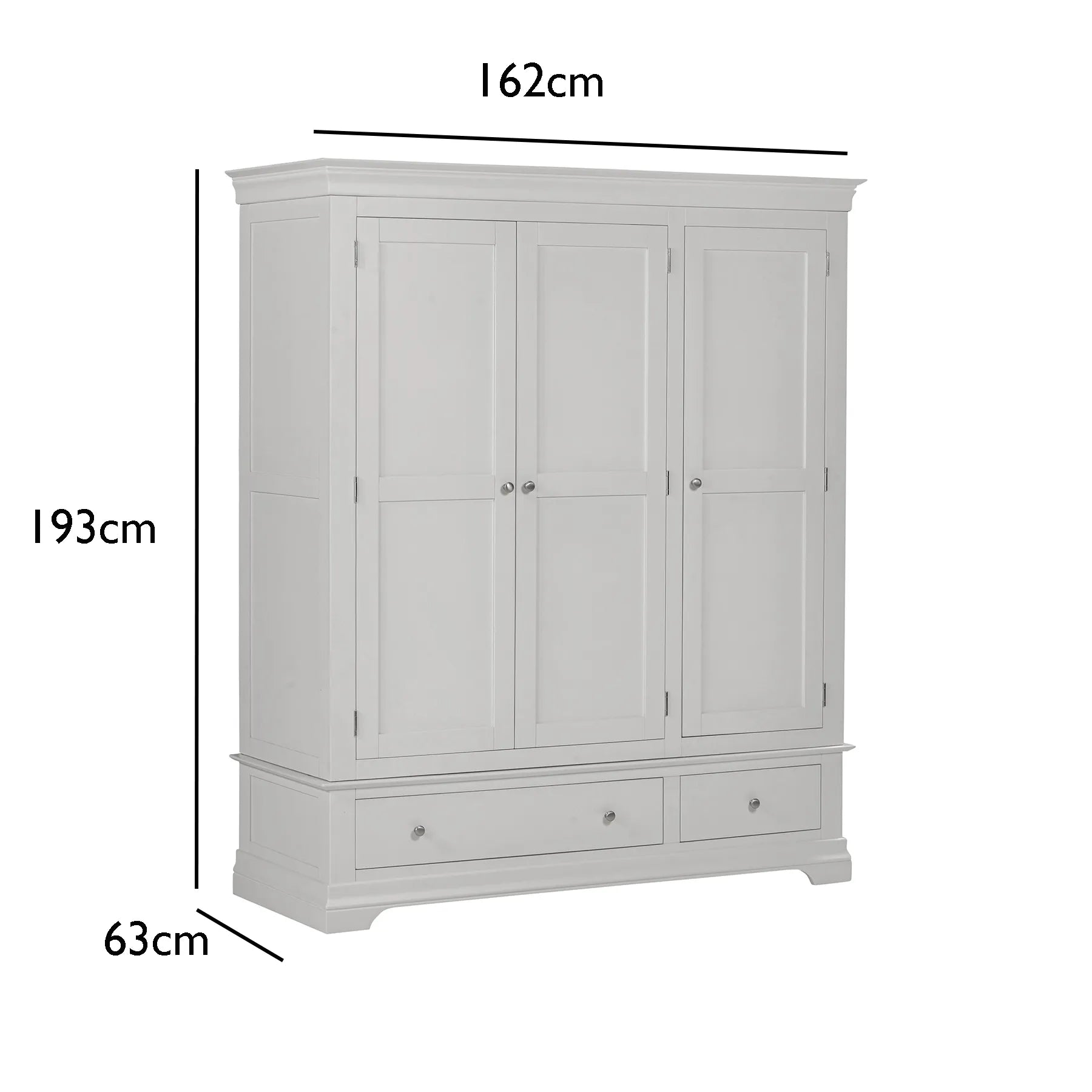 Bordeaux Pebble Grey Triple Wardrobe with 2 Drawers  with dimensions labeled on a white background