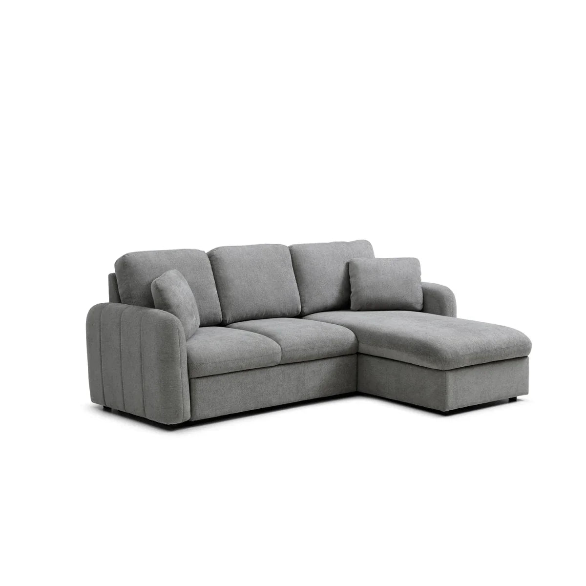 Grey corner chaise sofa bed with storage. Pull-out bed function and hidden storage make it perfect for modern living and guest use.