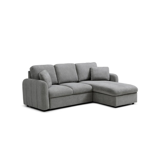 Grey corner chaise sofa bed with storage. Pull-out bed function and hidden storage make it perfect for modern living and guest use.