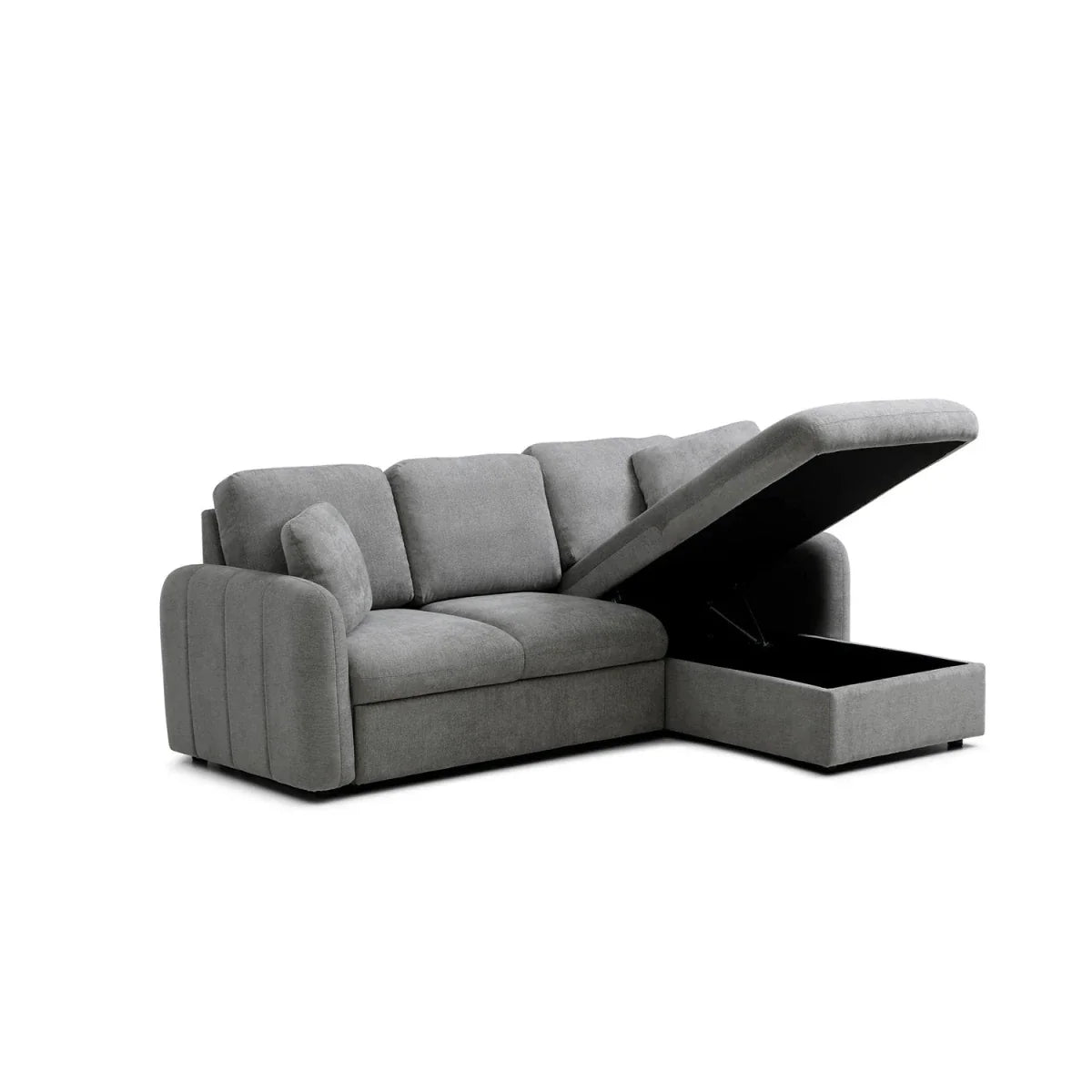 Gray sectional sofa with storage compartment on a white background
