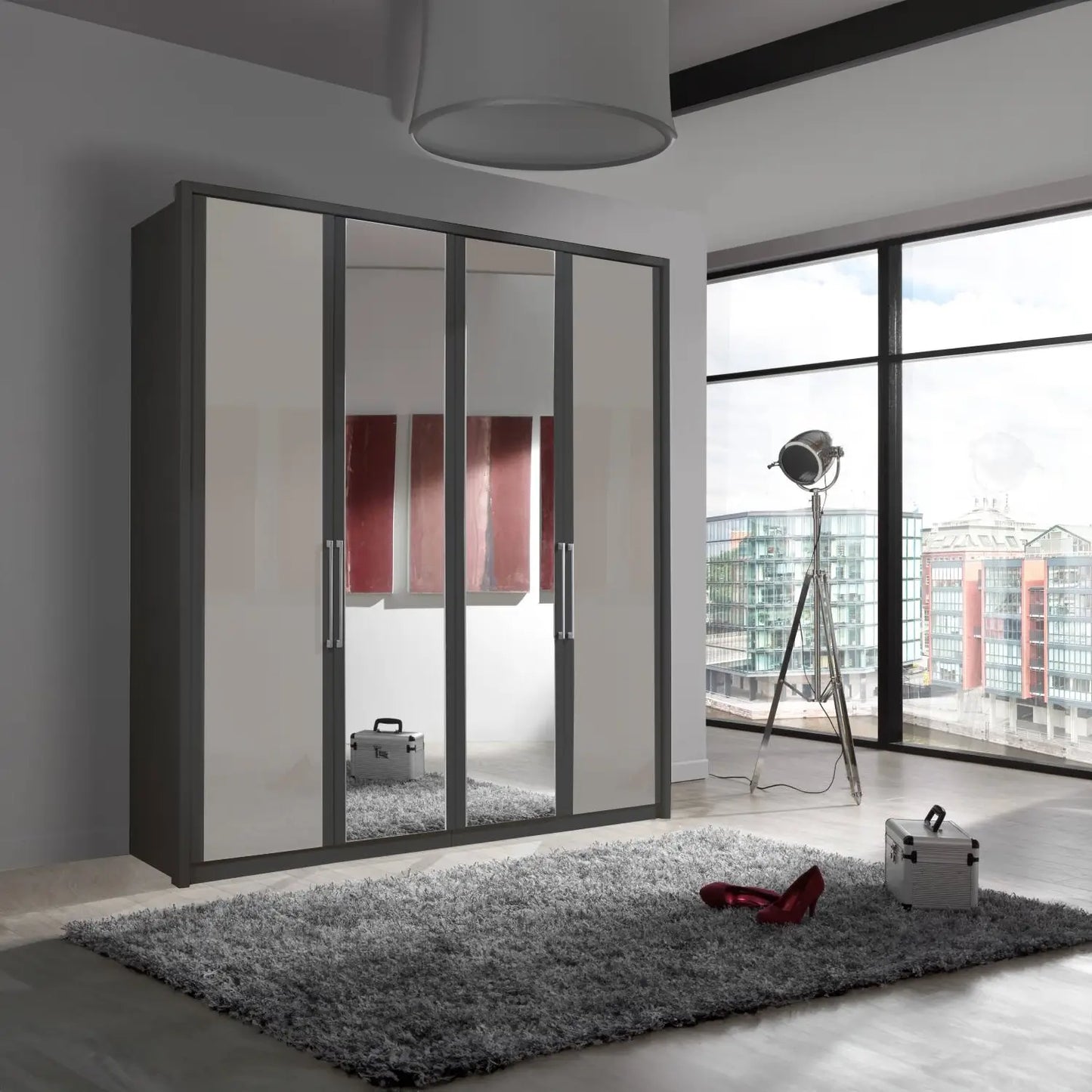 Wiemann Bristol Graphite and Pebble Grey Glass Front 4 Door Wardrobe 