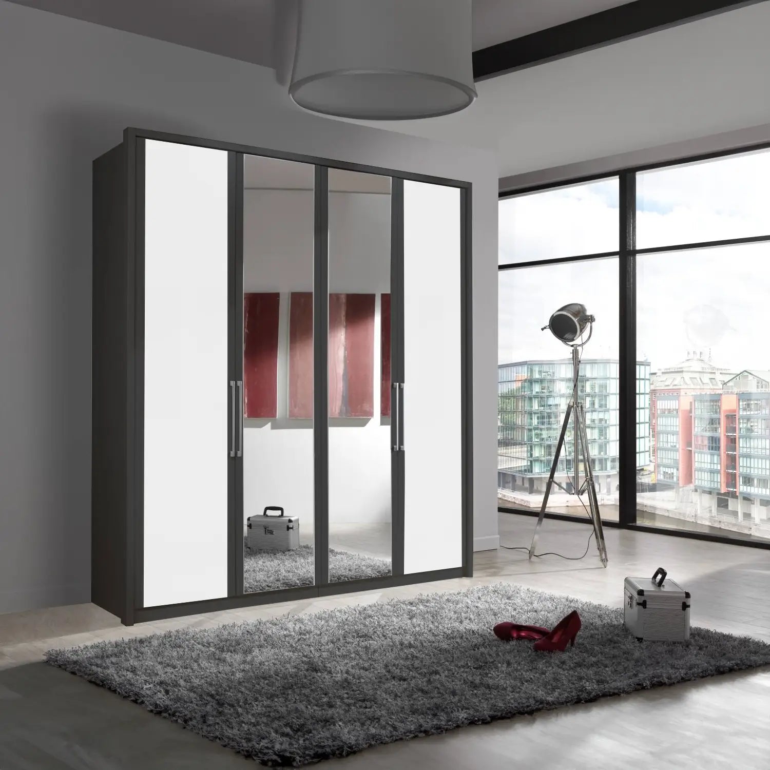 Wiemann Bristol Graphite and White Glass Front 4 Door Wardrobe with Mirror 
