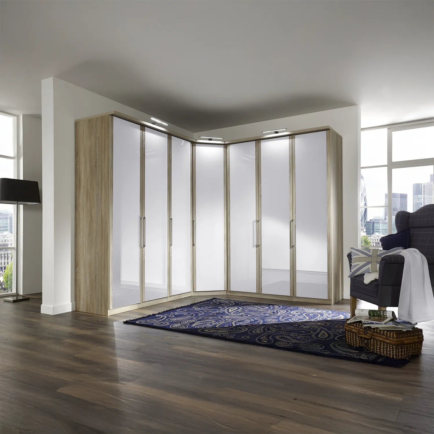 Bristol Oak and White Glass Front Large Corner Wardrobe 