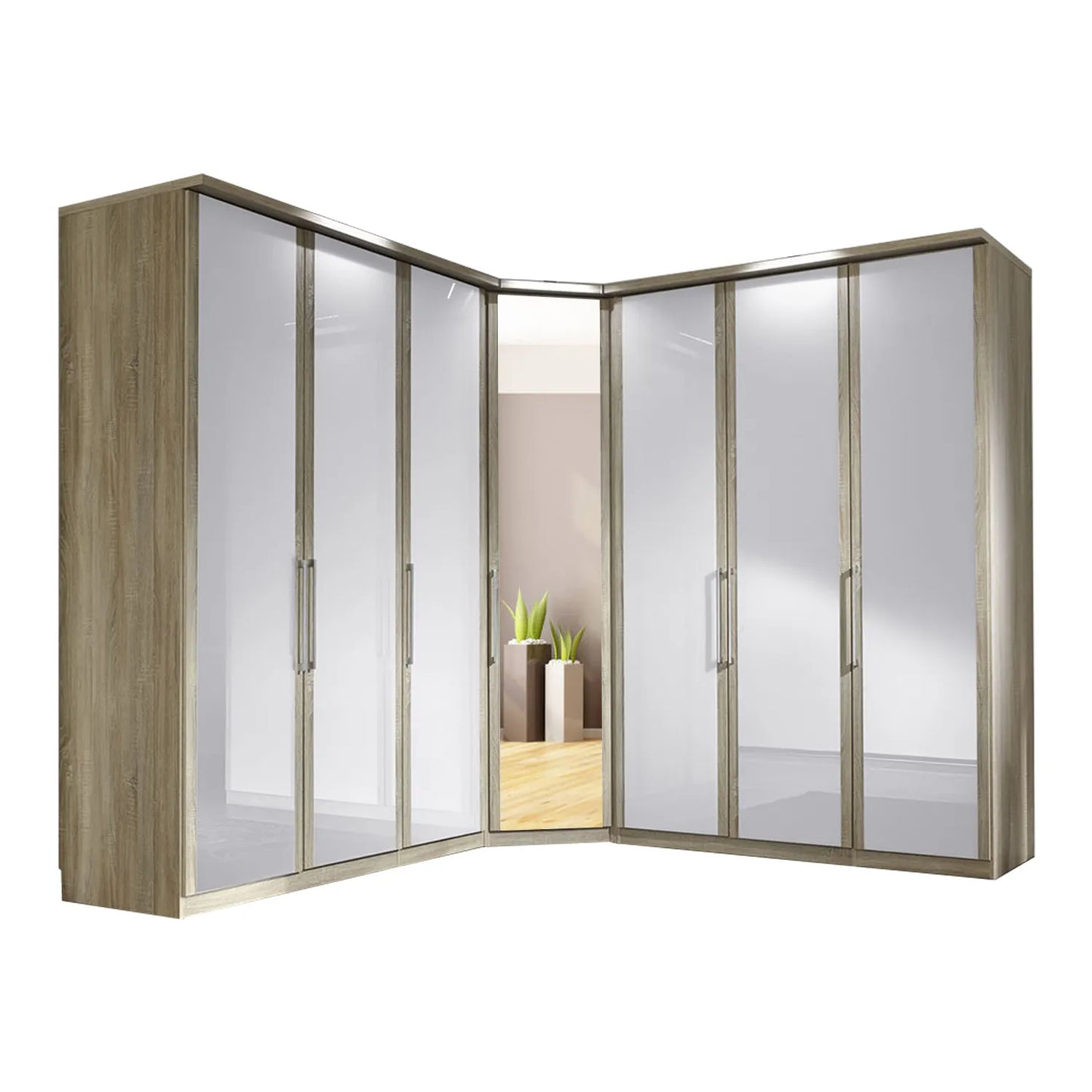 Bristol Oak and White Glass Front Large Corner Wardrobe 