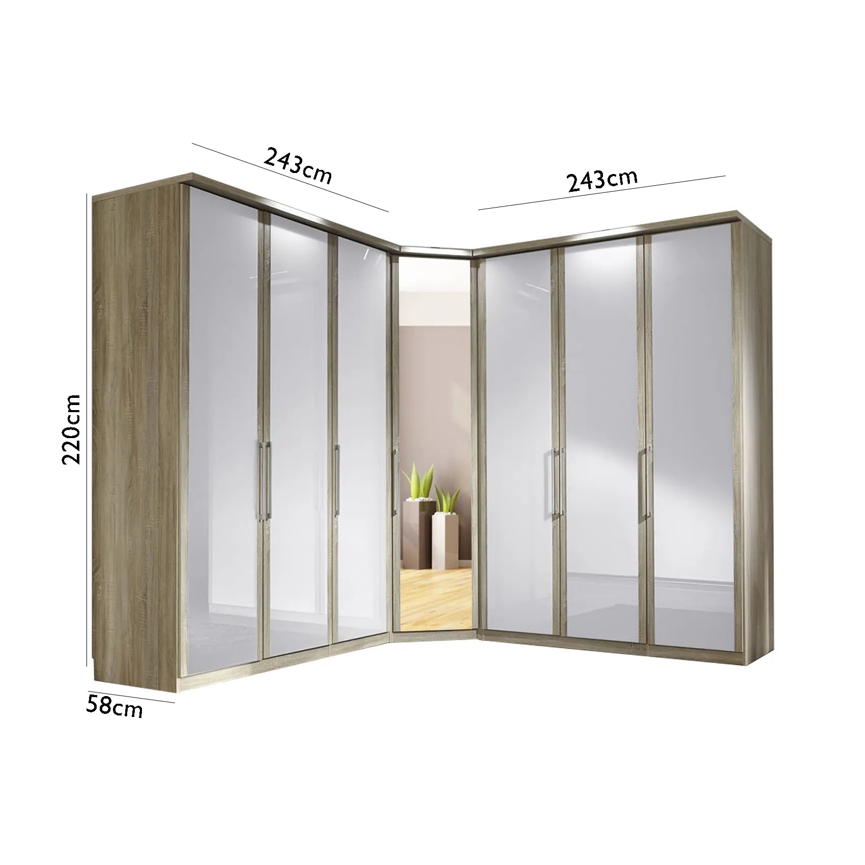 Bristol Oak and White Glass Front Large Corner Wardrobe 