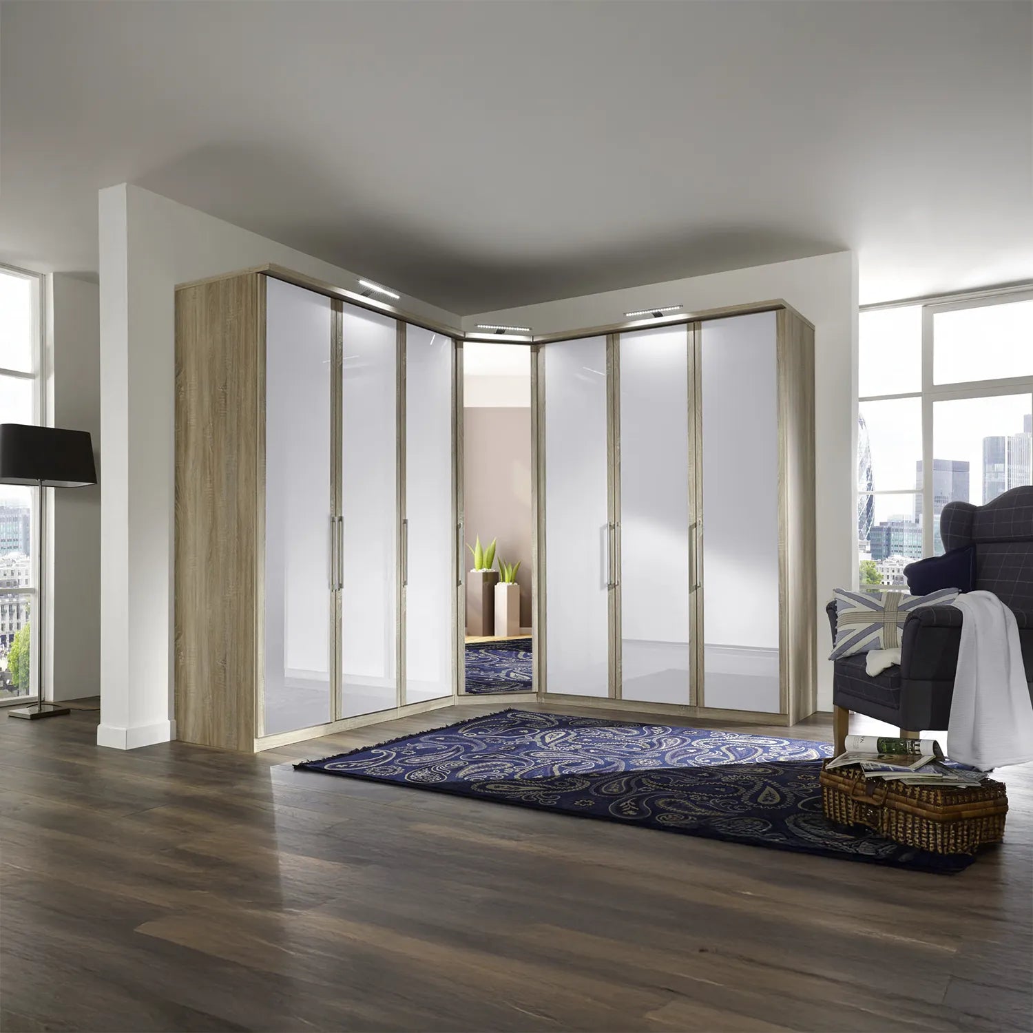 Bristol Oak and White Glass Front Large Corner Wardrobe 