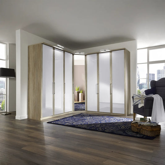 Bristol Oak and White Glass Front Large Corner Wardrobe 