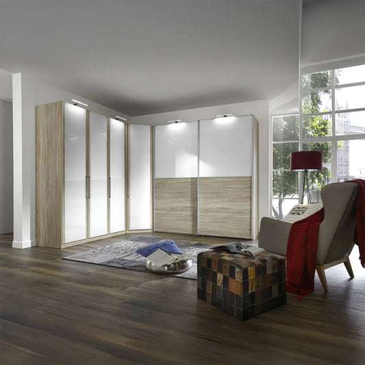 Bristol Oak & White Glass Front Large Corner Wardrobe 
